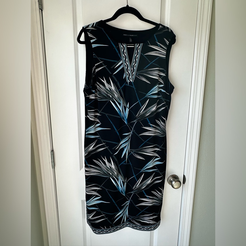 🌿 WHBM Black Blue Leaf Print Sheath Dress XLP Embroidered Trim Stretch